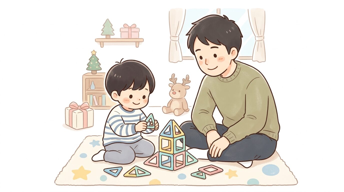 床に座って磁石ブロックのおもちゃを夢中で組み立てる男の子と、隣で見守る父親