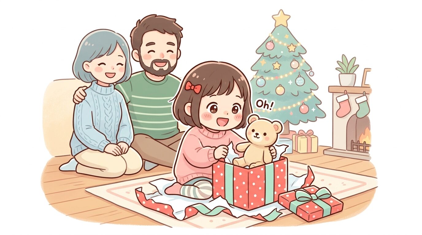 クリスマスの朝、プレゼントの箱を開けて驚いた表情を見せる3歳の女の子とその家族
