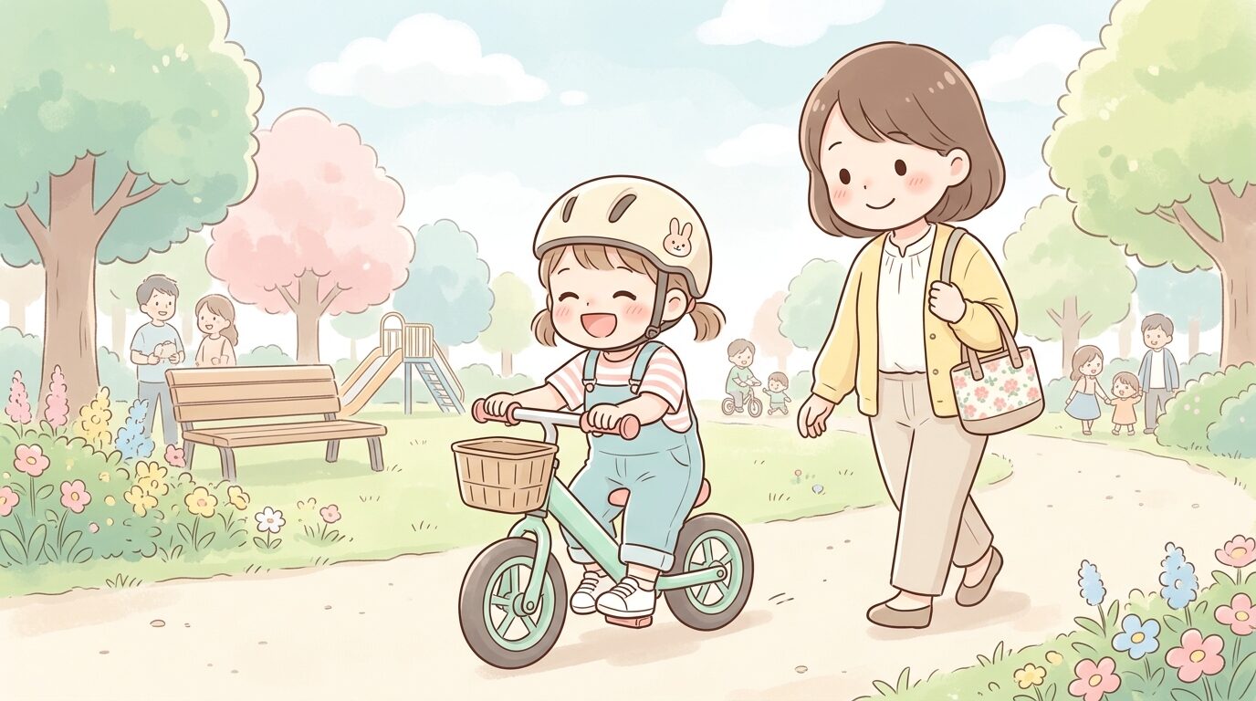 公園でキックバイクに乗って楽しそうに笑う3歳くらいの女の子と、隣で見守る母親