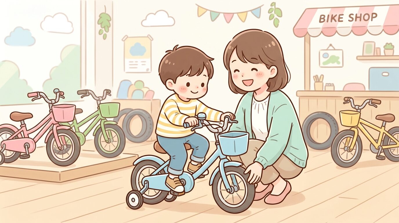 自転車店の店内で、母親が3歳くらいの男の子の足の着き具合を確認しながら試乗させている様子
