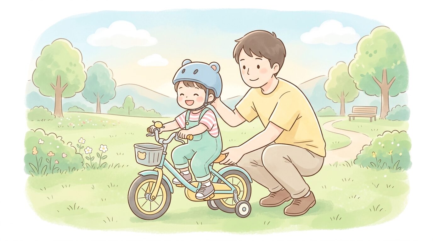 芝生の公園で自転車の練習をする3歳の子どもを、後ろから優しく支える父親の姿