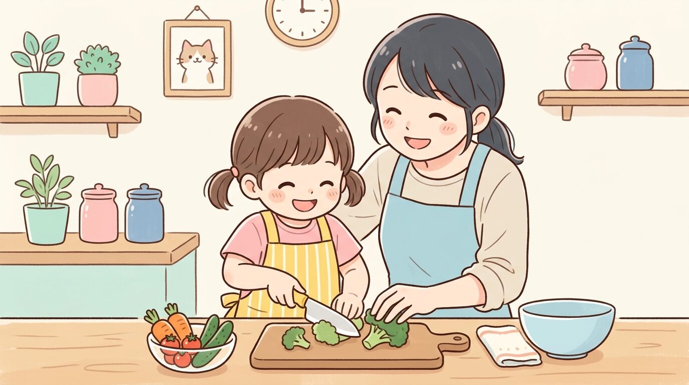 キッチンで母親と一緒に子供用包丁を持ち野菜を切ろうとする3歳児の笑顔