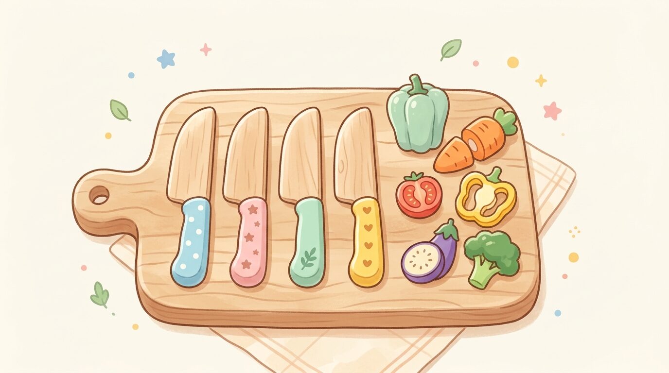 木製まな板の上に並んだ複数の子供用包丁とカラフルな野菜