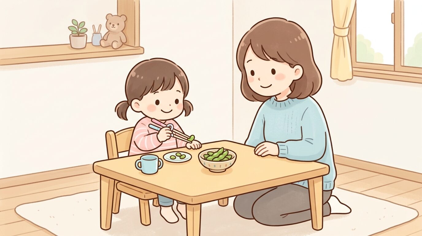 リビングのテーブルで矯正箸を持ち、豆をつまむ練習をする3歳くらいの女の子と見守る母親
