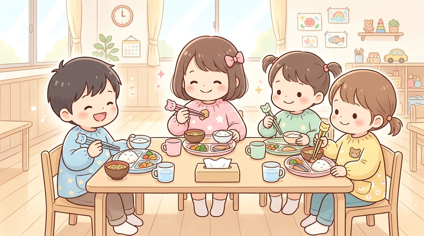 保育園の給食時間に子供たちがお箸で食事を楽しんでいる明るい教室の様子