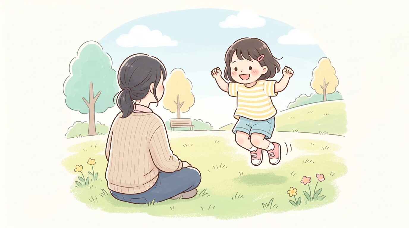 公園の芝生の上で両足を揃えてジャンプする3歳くらいの女の子と、優しく見守る母親の後ろ姿