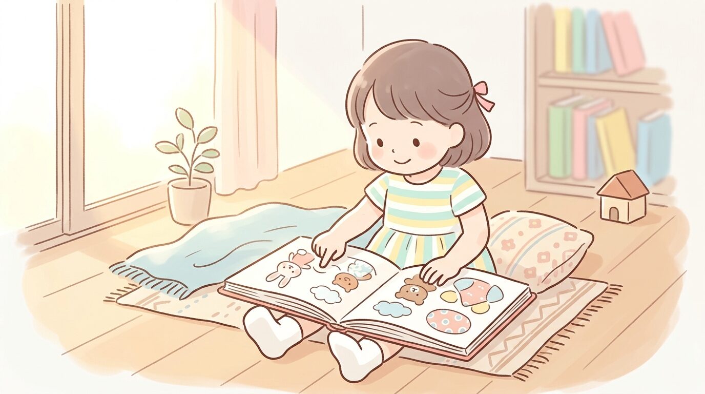 リビングの床に座り絵本を広げて指でなぞる3歳くらいの女の子、やわらかな午後の光