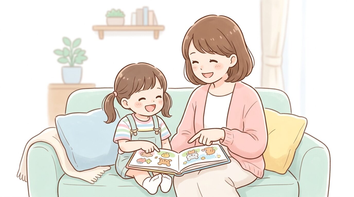親子で並んでソファに座り笑顔で絵本を指さしながら会話する温かい家庭の風景