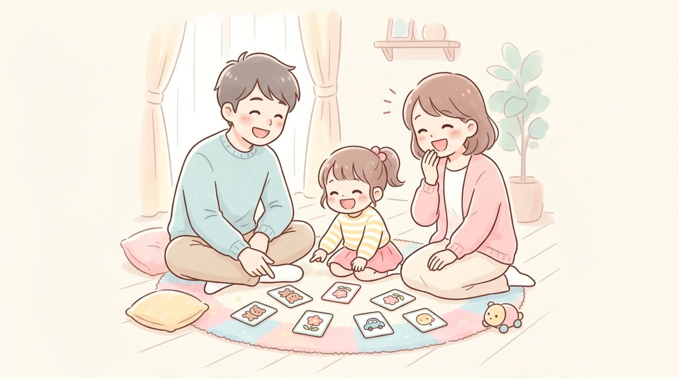 リビングの床に座り、家族3人でかるたの札を並べて笑い合う様子