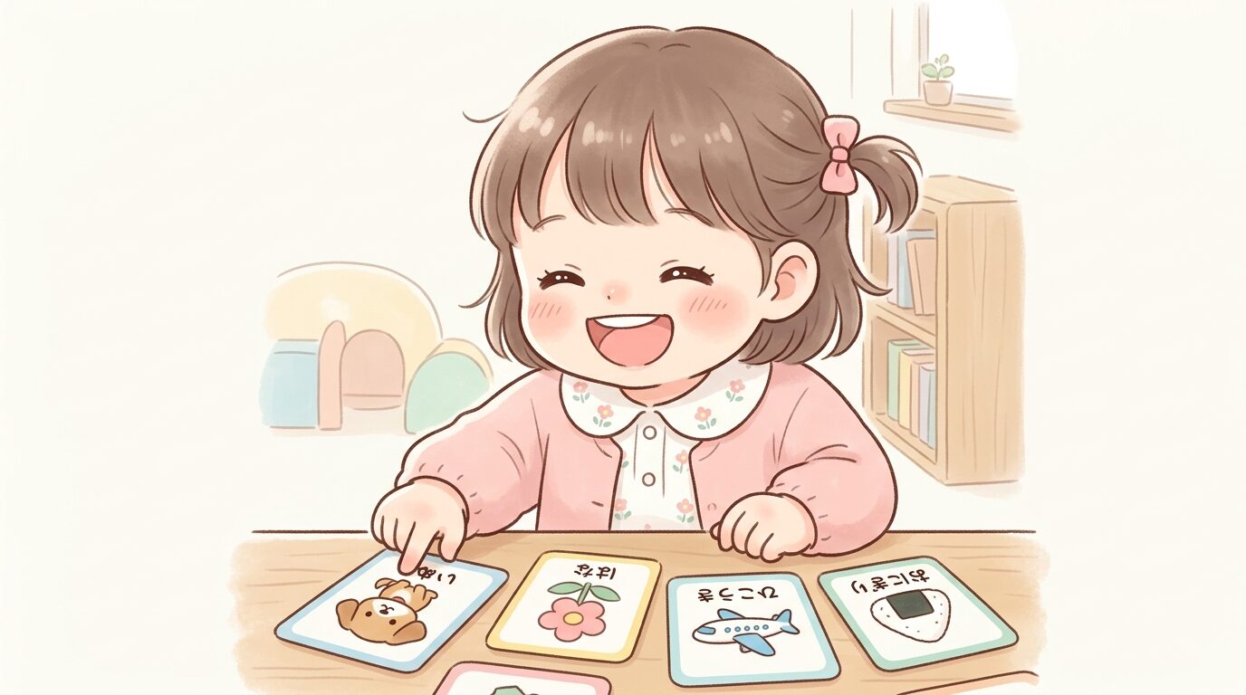 3歳くらいの女の子がかるたの絵札を指さして嬉しそうにしている表情のアップ