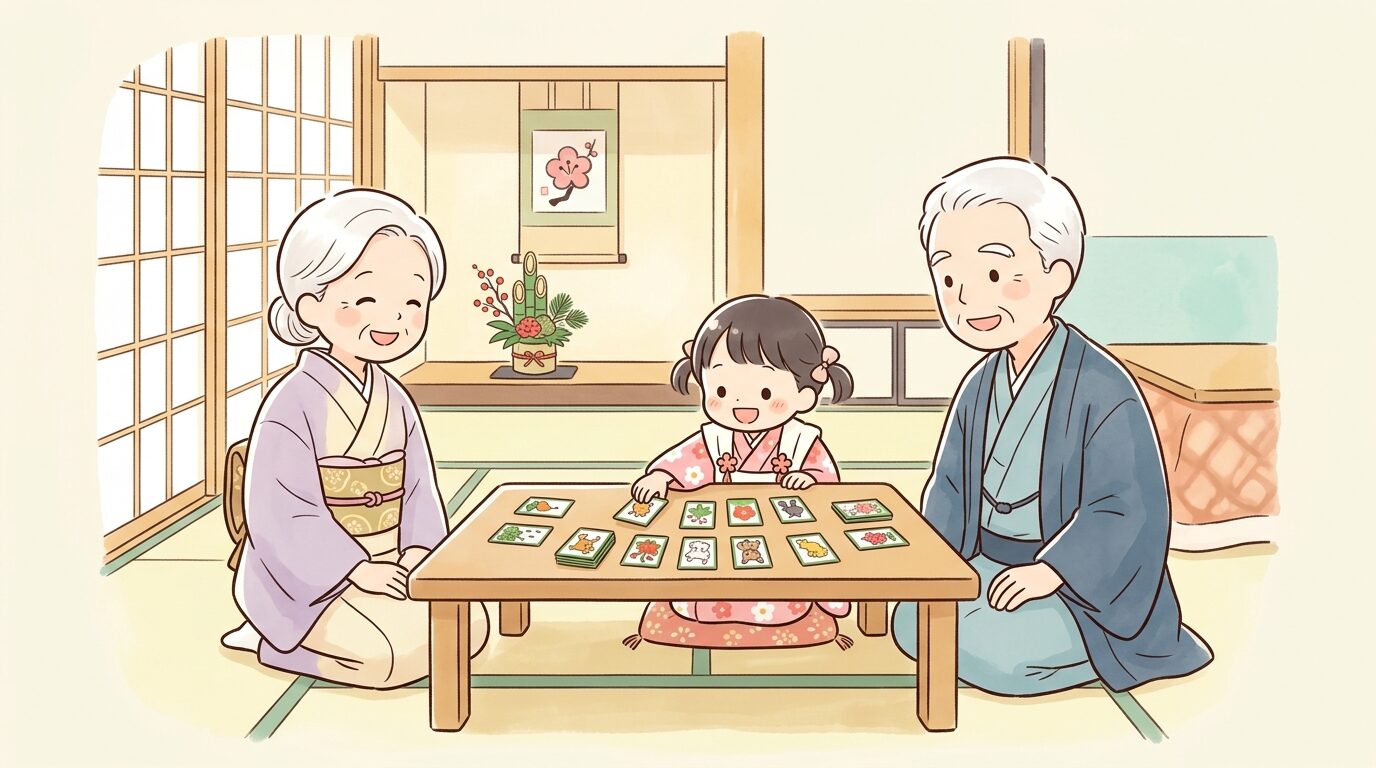 お正月らしい和室で祖父母と孫がかるた遊びを楽しむ温かい家族の情景