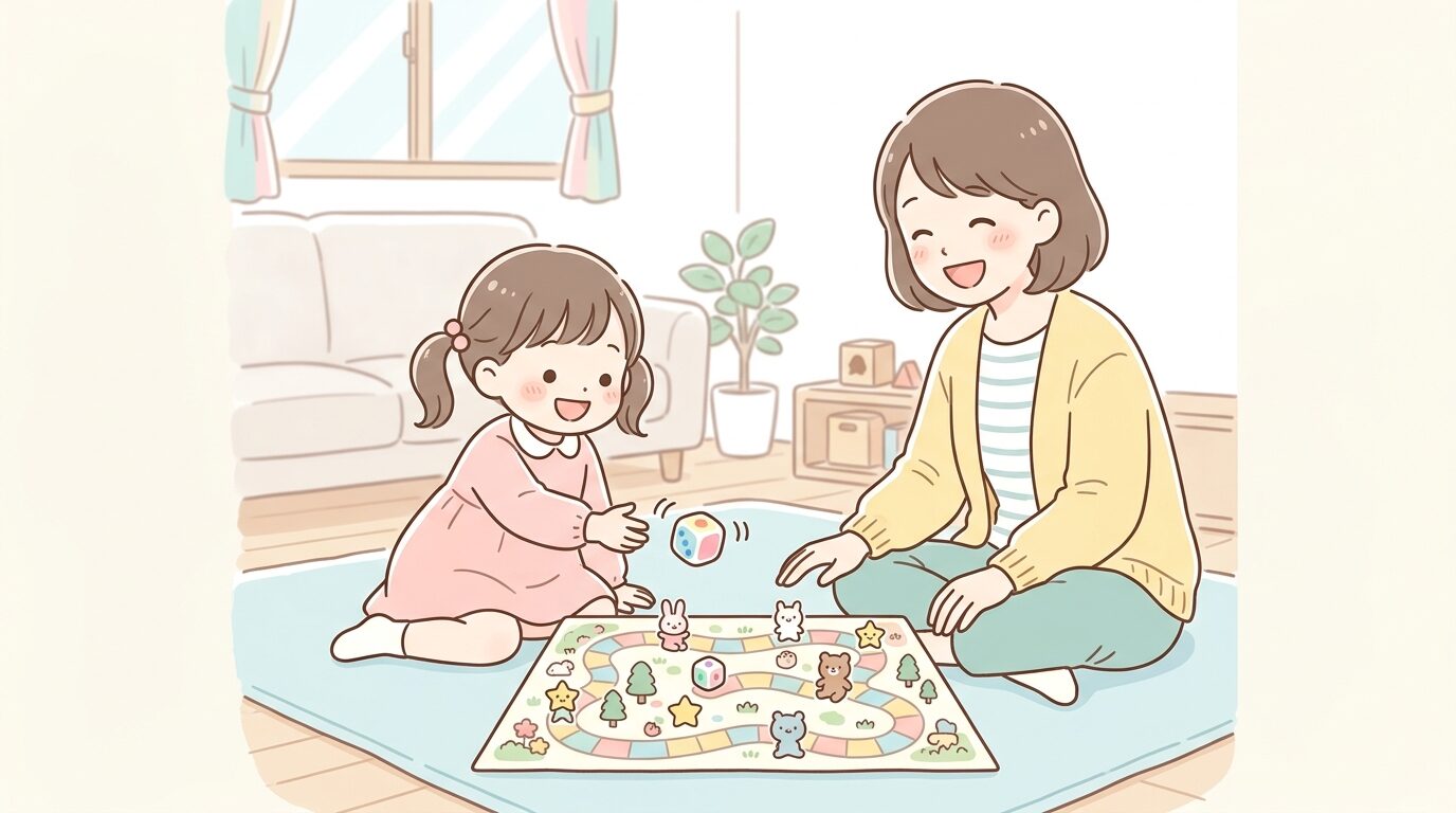 リビングでボードゲームを広げて親子で向かい合い、笑顔でサイコロを振る3歳の女の子と母親