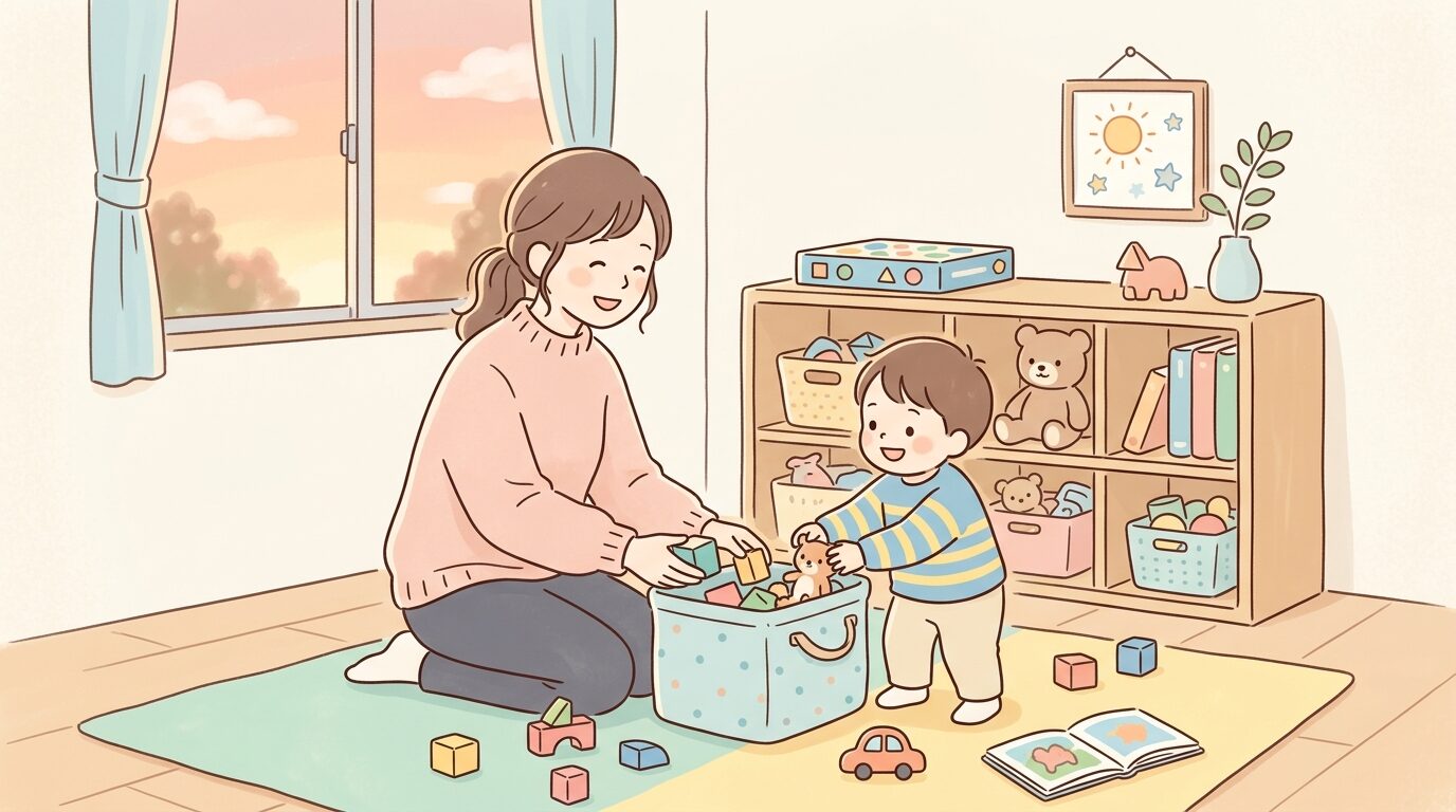 子供部屋でおもちゃの片付けをしながら親子で会話をする穏やかな夕方のシーン