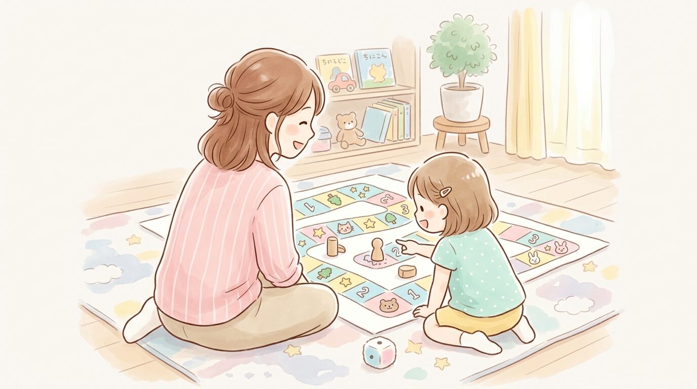 リビングの床に広げた手作りすごろくで遊ぶ3歳くらいの子どもと母親の後ろ姿