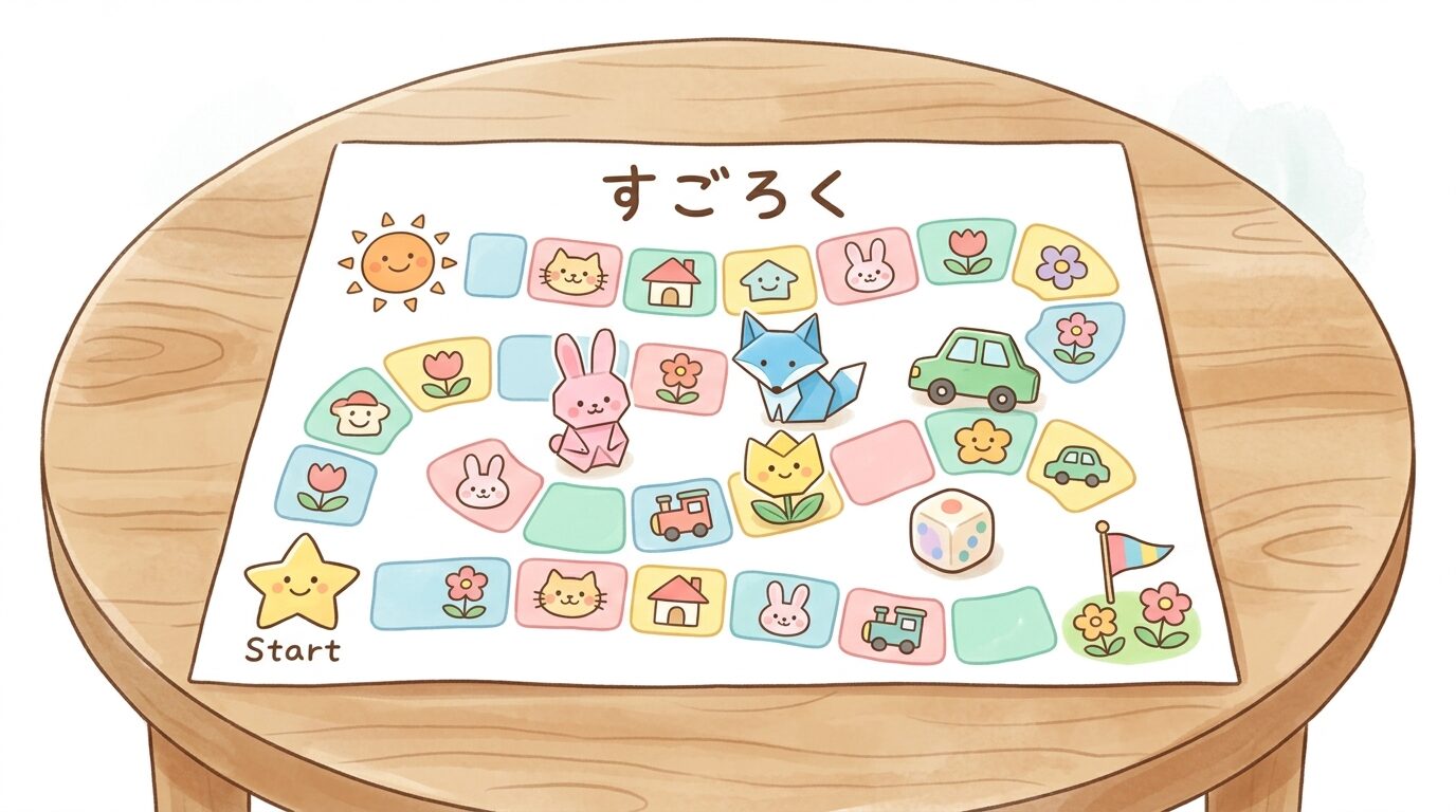 テーブルの上に広げられた手作り感のあるカラフルなすごろくボードと折り紙のコマ