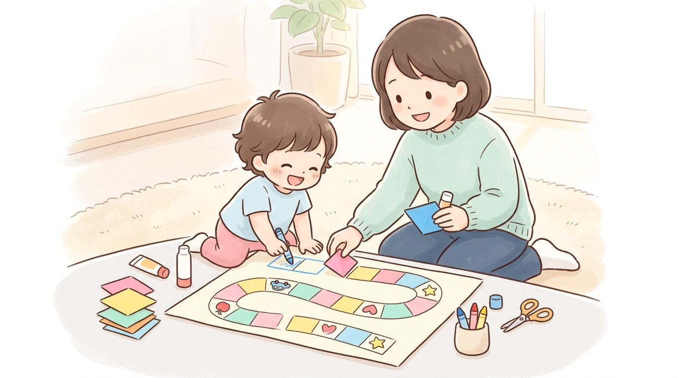 折り紙や画用紙で親子一緒にすごろくのマス目を手作りしている様子