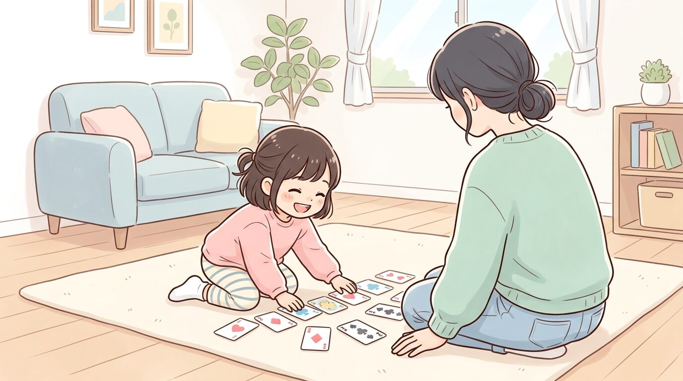 リビングの床でトランプを広げて遊ぶ3歳の女の子と、隣で優しく見守る母親の後ろ姿
