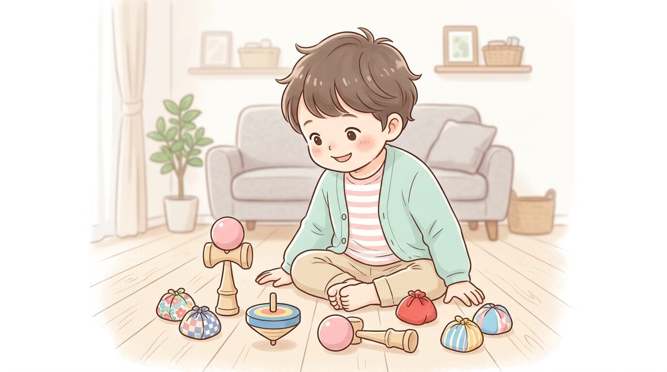 リビングの床に座り、木製のこまやけん玉、お手玉を並べて興味津々に見つめる3歳くらいの子ども