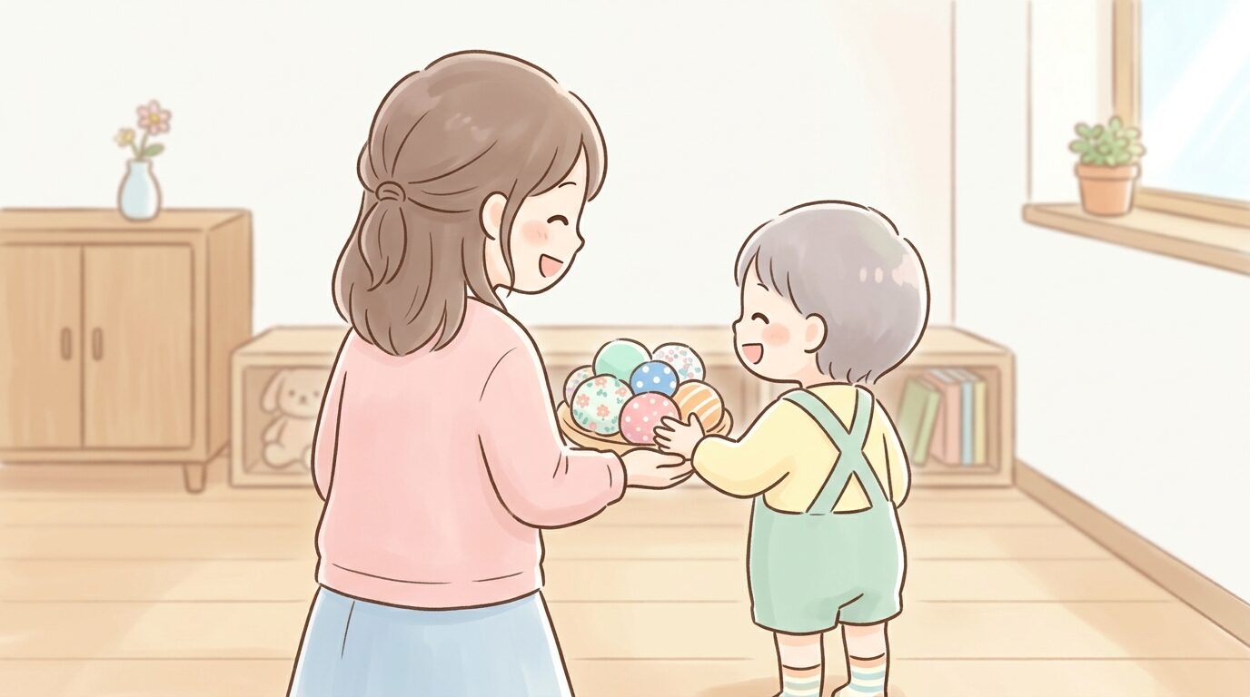 色とりどりの布製お手玉を手のひらに乗せて笑顔を見せる親子の後ろ姿