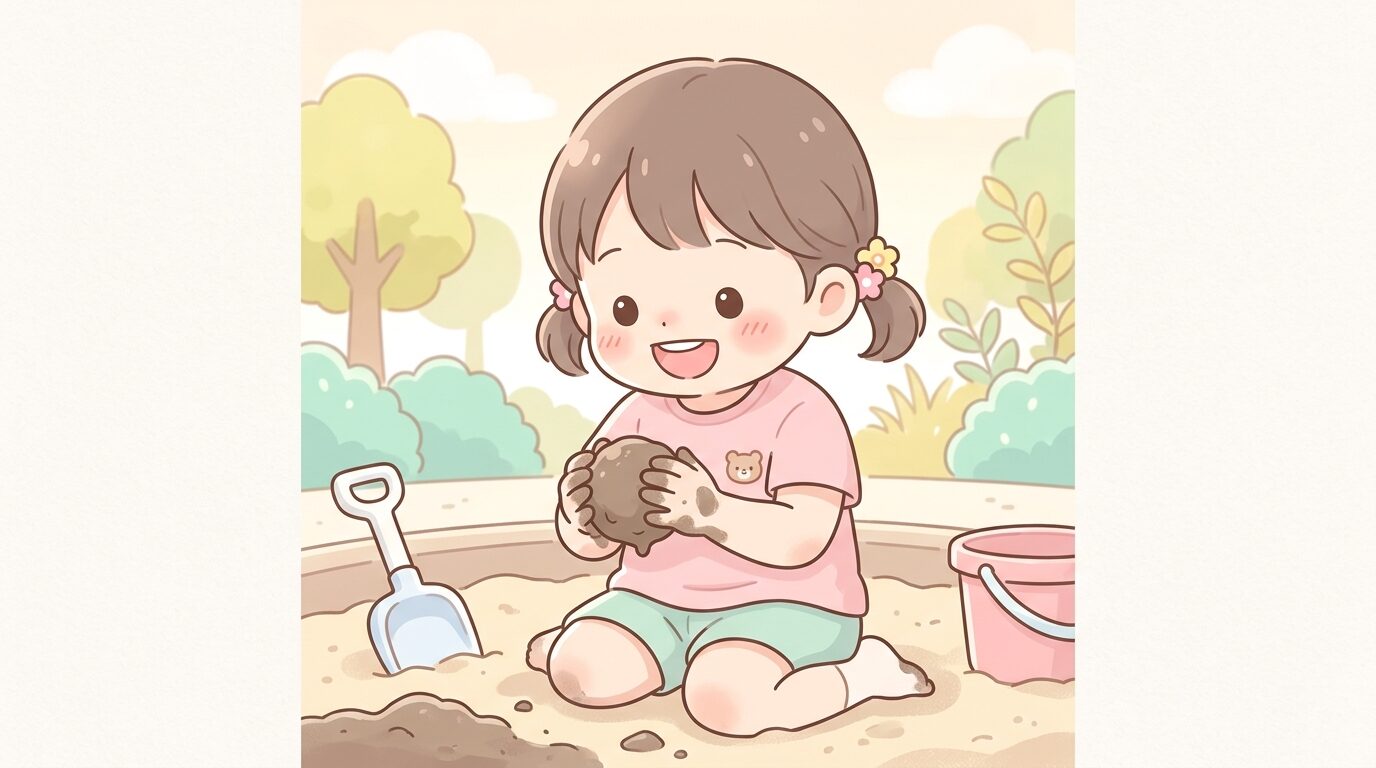 公園の砂場で泥団子を両手で丸める3歳くらいの女の子の笑顔のアップ