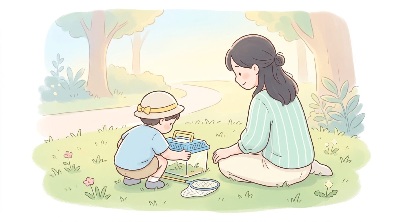 公園の芝生でしゃがみ込み、虫かごを覗き込む3歳くらいの子供と隣で見守る母親の後ろ姿、柔らかい午前の光