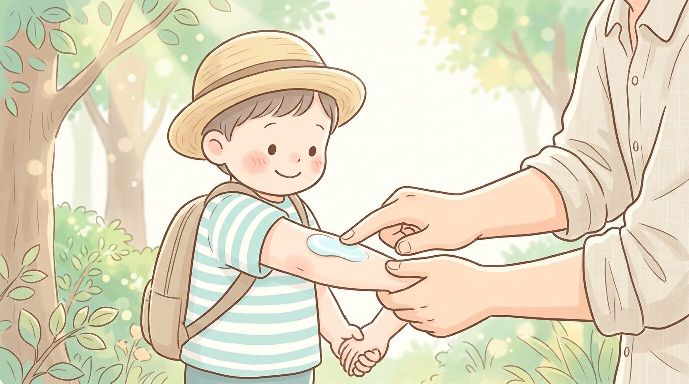 虫よけスプレーを子供の腕に優しく塗る父親の手元、木漏れ日の差す公園の一角