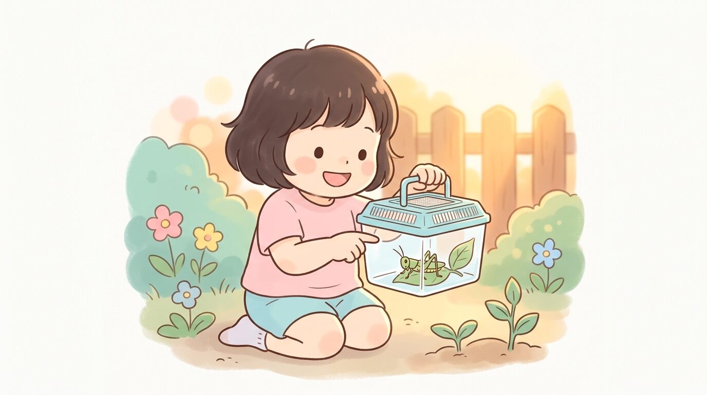 虫かごの中のバッタを興味深そうに指差して見つめる子供の笑顔、夕方のオレンジ色の光が差す庭先