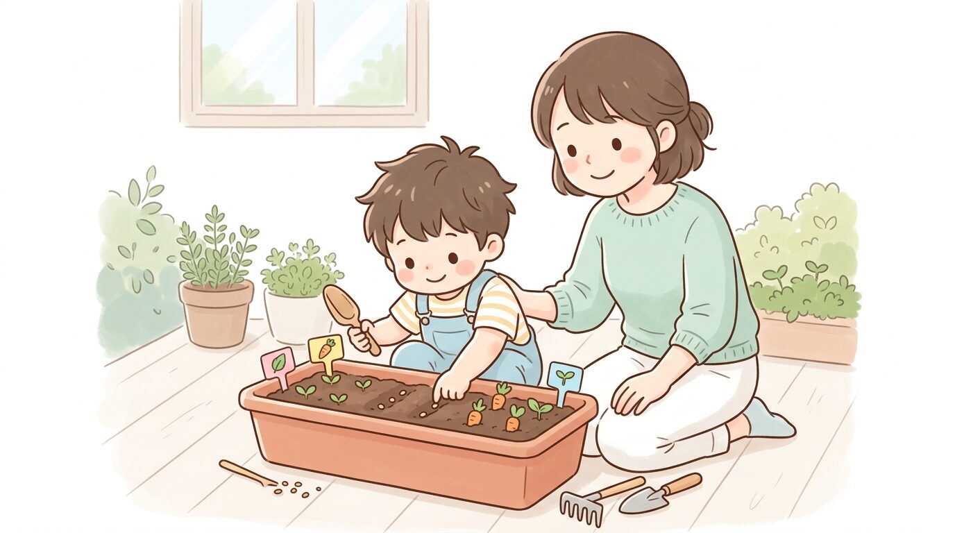 プランターの土に小さな手で種をまく3歳くらいの子どもと見守る母親