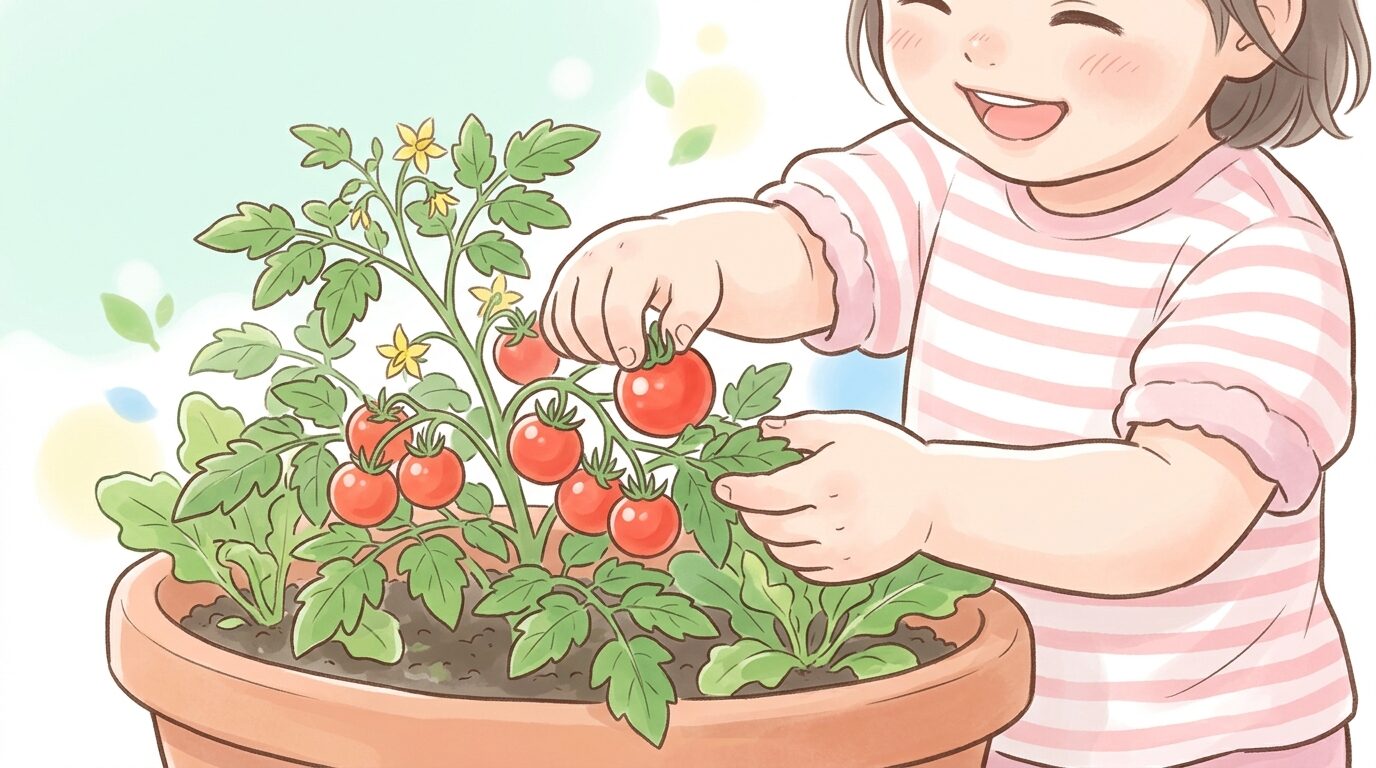 プランターで育ったミニトマトを笑顔で収穫する子どもの手元アップ