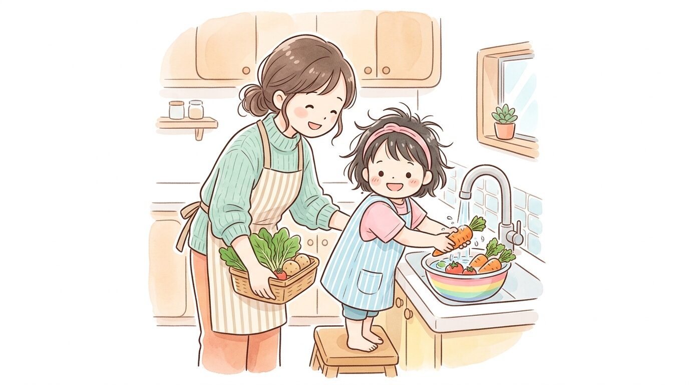 収穫したばかりの野菜を洗う3歳児とキッチンで見守る親の様子