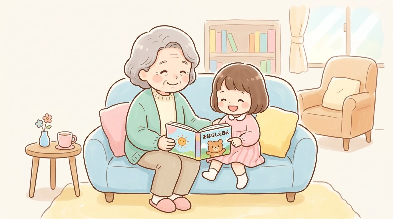 祖父母の家のリビングで絵本を読んでもらう笑顔の3歳児と優しく見守る祖母