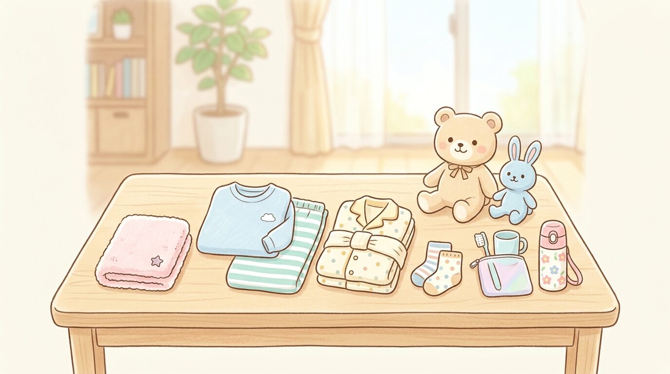 リビングのテーブルに並べられた3歳児のお泊まり用の着替えやタオル、ぬいぐるみ