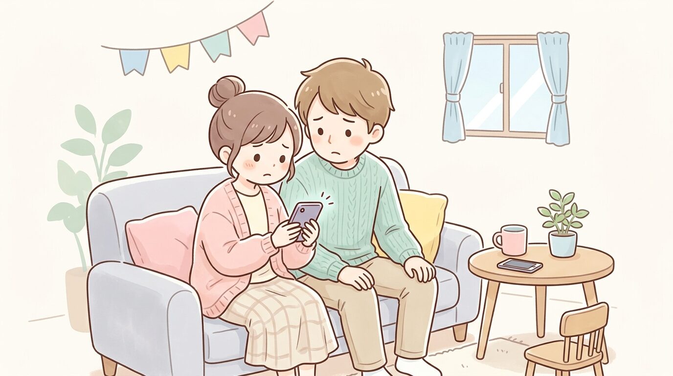 電話を心配そうに見つめながらリビングで待つ両親の様子