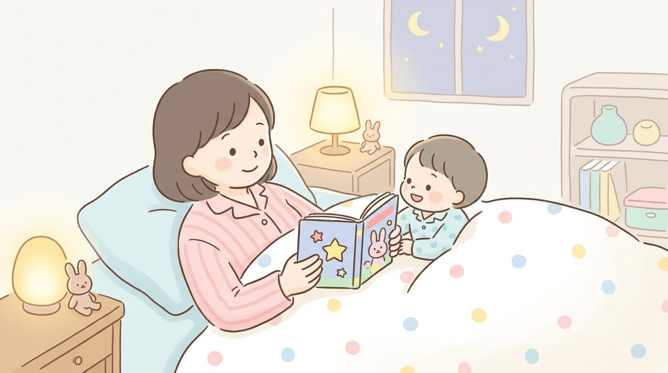 布団の中で親子が向き合い、絵本を読み聞かせしている穏やかな夜のワンシーン