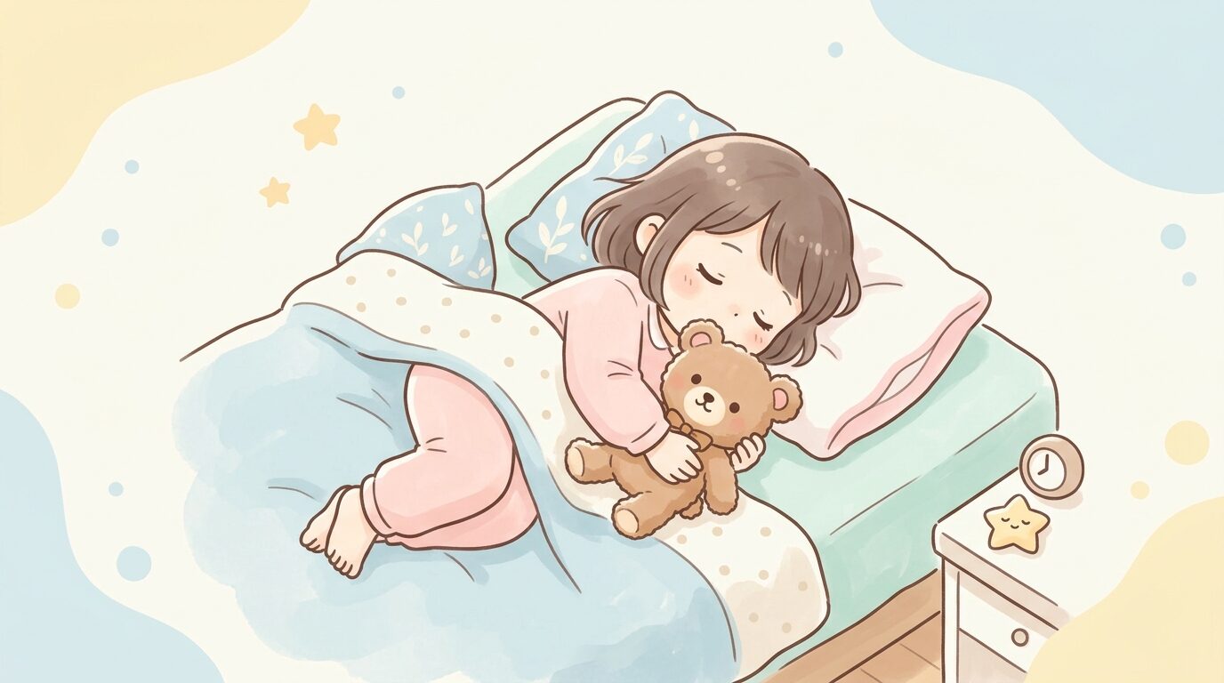 お気に入りのぬいぐるみを抱えてベッドに横たわる3歳くらいの子どもの寝顔