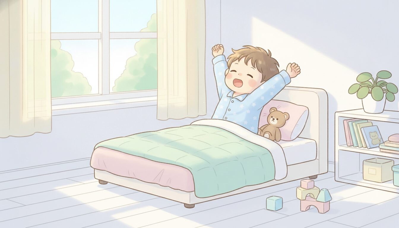 朝の光が差し込む子ども部屋で、伸びをして目を覚ます3歳児の様子