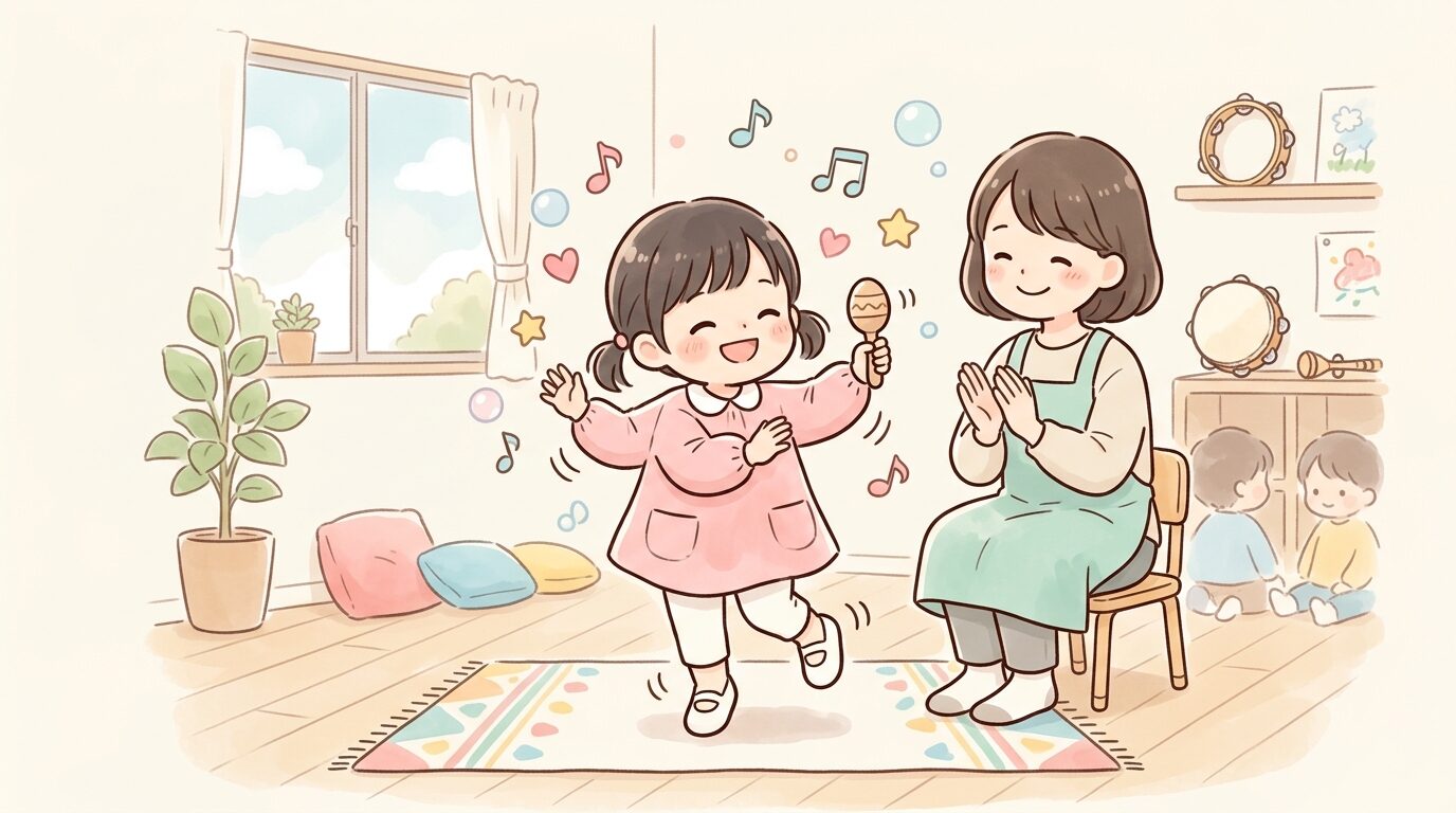 リトミック教室で音楽に合わせて楽しそうに体を動かす3歳くらいの女の子と見守る先生