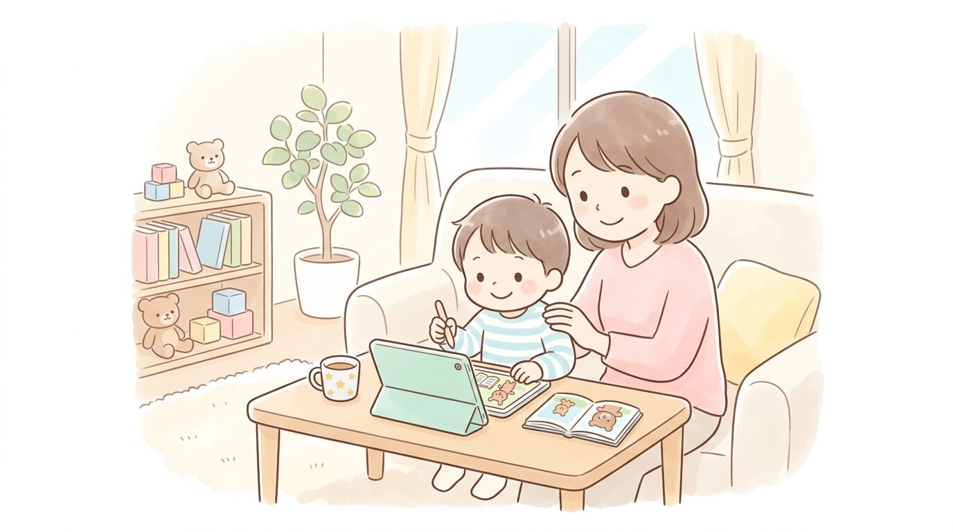 リビングでタブレット端末を使いオンライン英語レッスンを受ける3歳児と隣で見守る母親