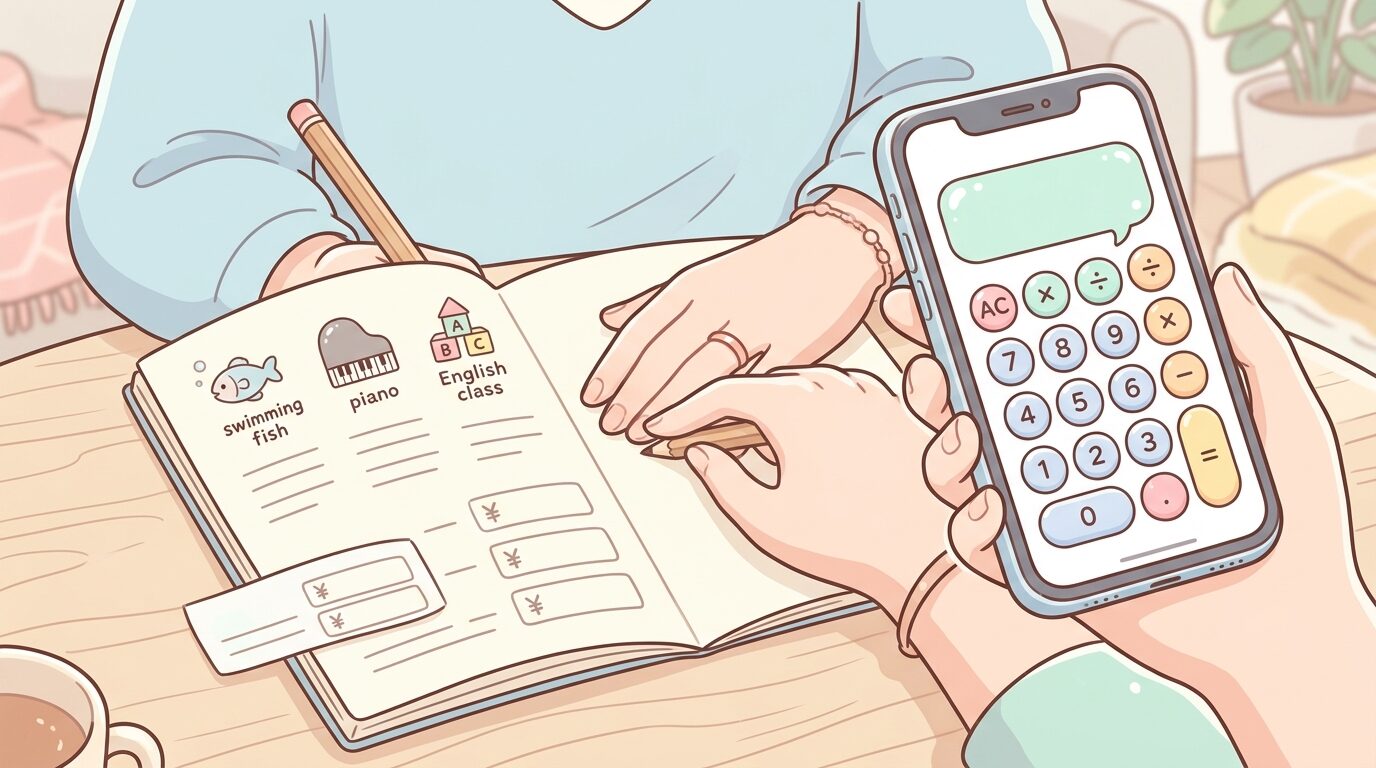 家計簿とスマートフォンの電卓アプリを見ながら習い事の予算を計算する母親の手元