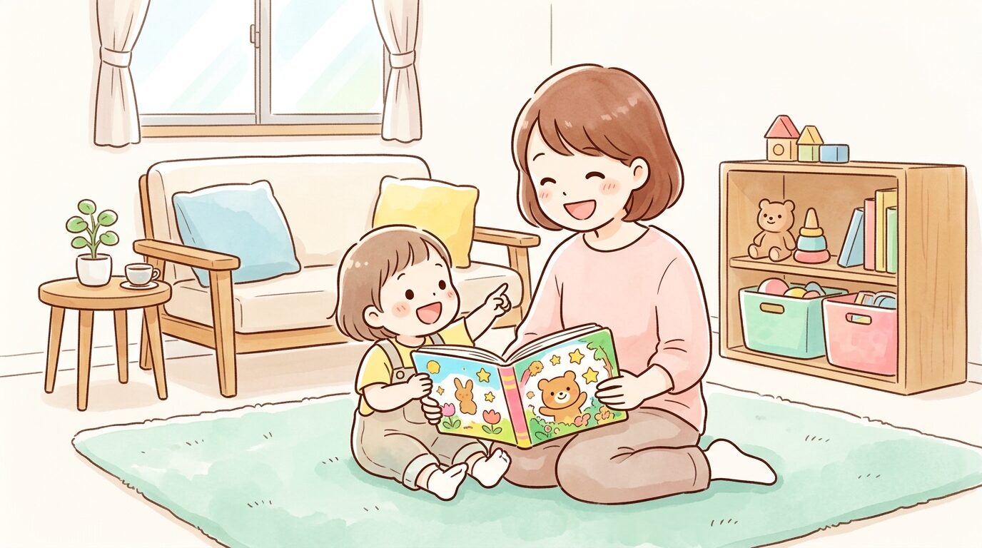 リビングで絵本のような通信教育教材を親子で一緒に開いて笑顔で会話する母親と3歳児