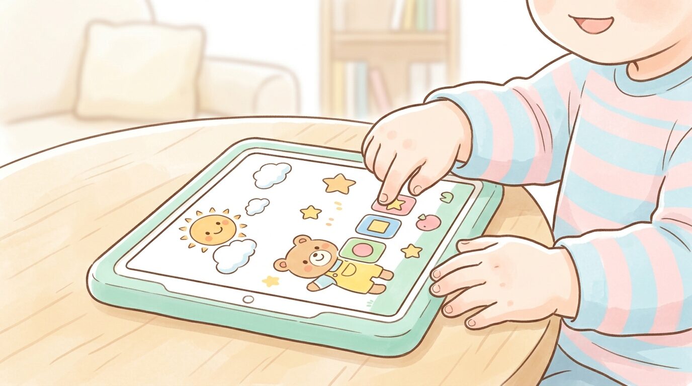 タブレット教材の画面を指でタッチしながら楽しそうに学習する3歳の子どもの手元