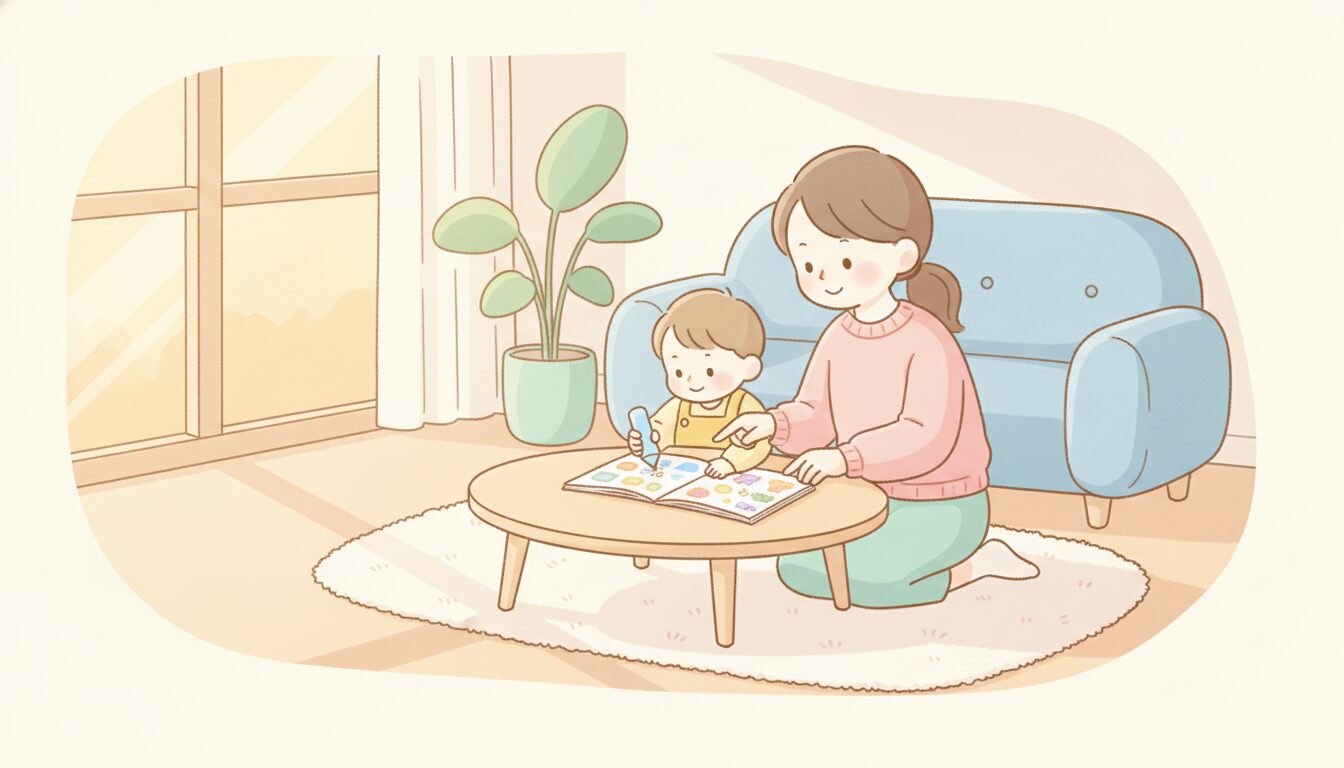 夕方の柔らかい光が差し込むリビングで、母親と3歳児が一緒に知育ワークに取り組む温かい様子