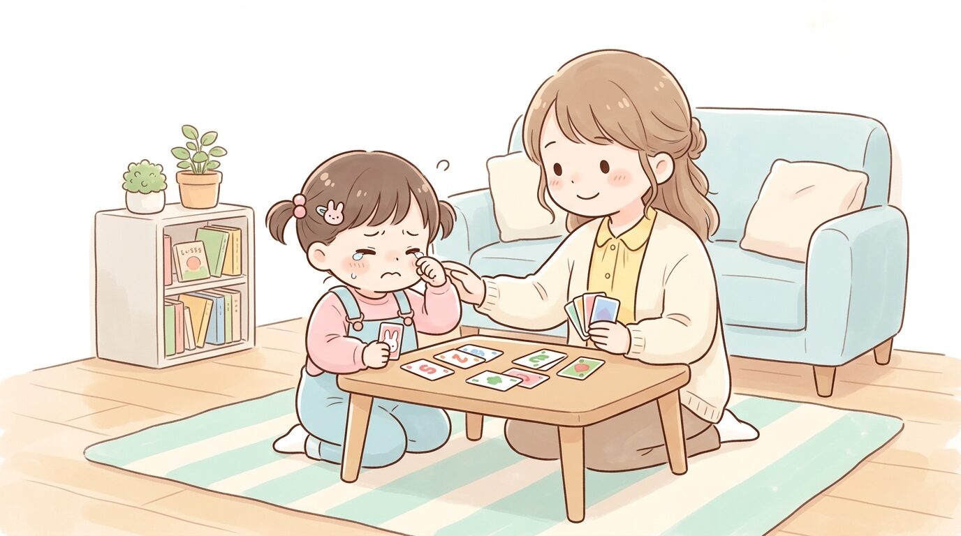 リビングでトランプゲームをして悔しそうな表情を見せる3歳くらいの女の子と、優しく見守る母親