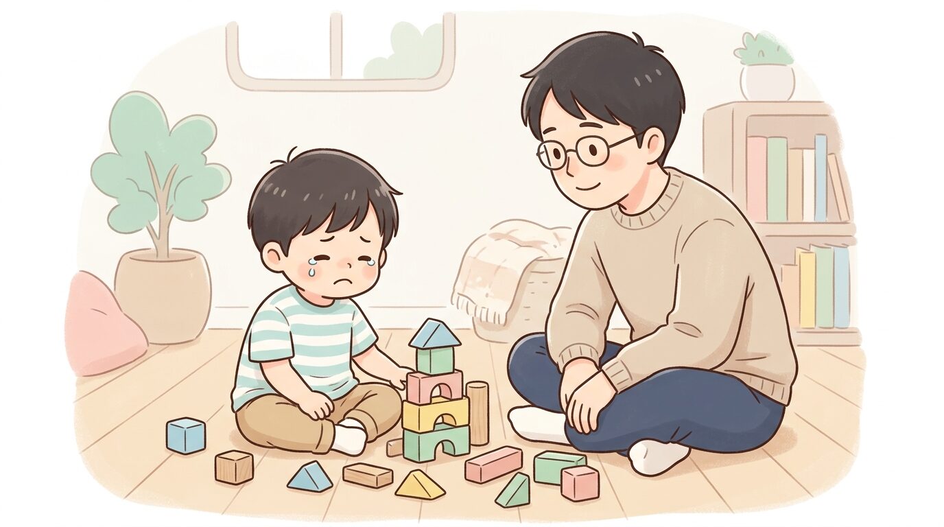 積み木遊びをしながら泣きそうな顔をしている男の子を、床に座って同じ目線で見つめる父親