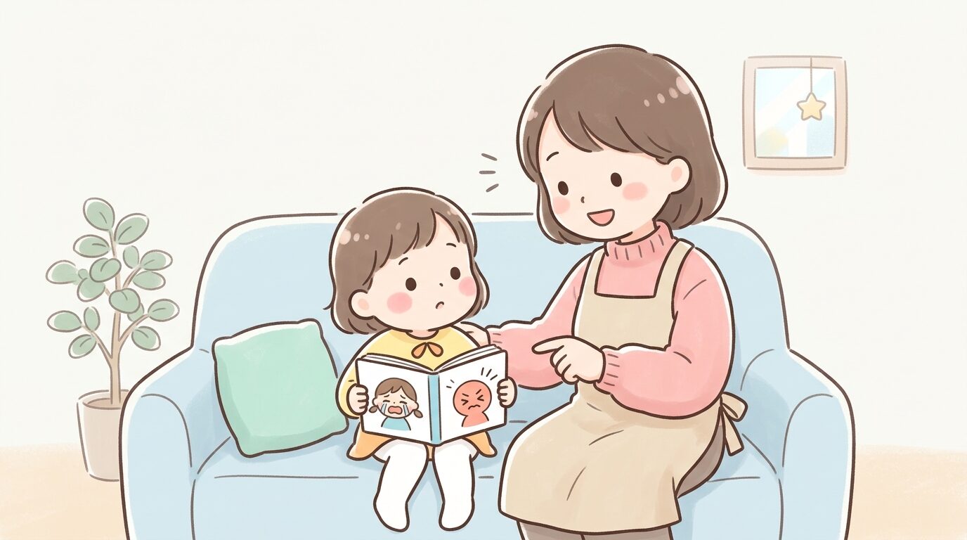 親子で絵本を見ながら「くやしいね」と気持ちについて話し合う穏やかなリビングの様子