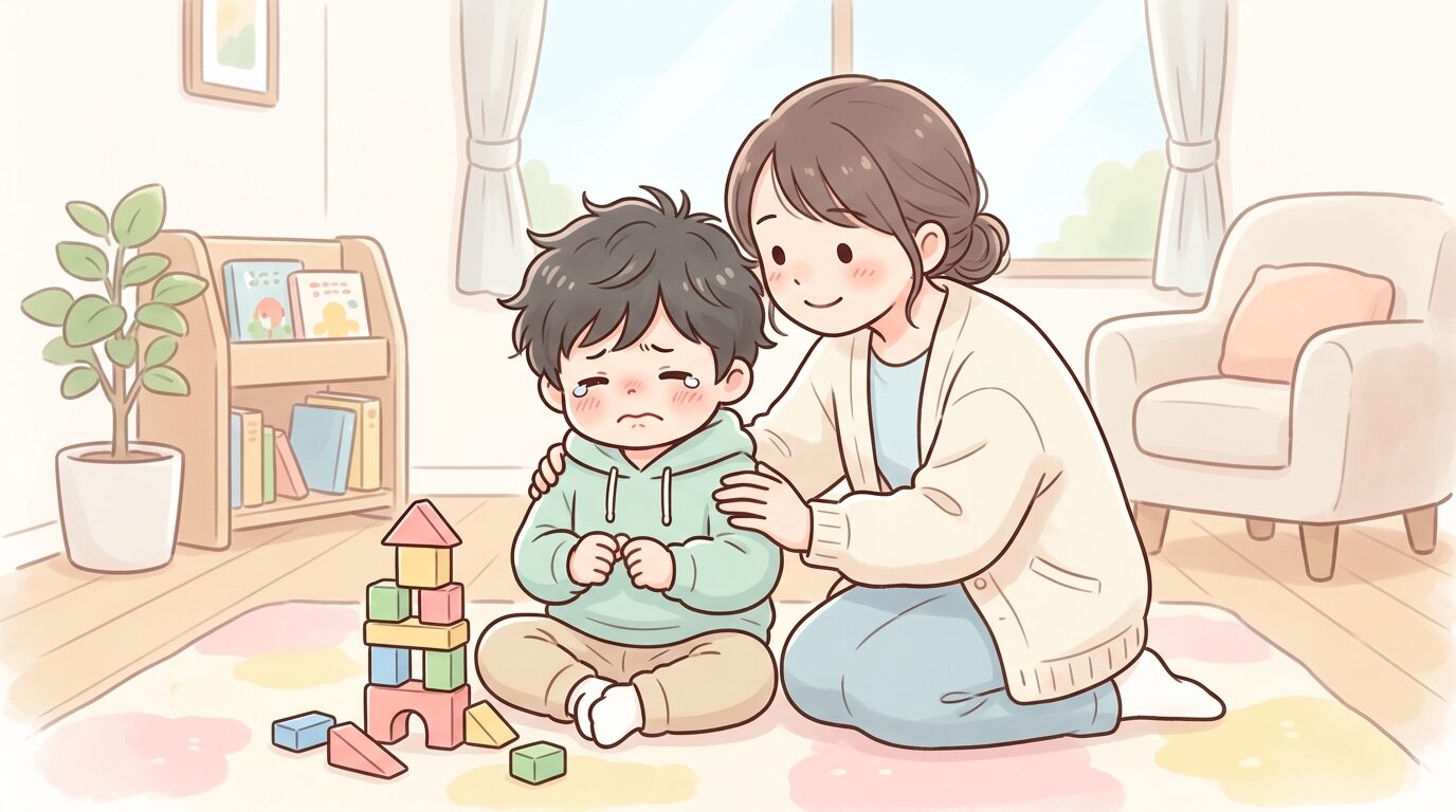 積み木が崩れて泣きそうな表情の3歳児と、隣で優しく寄り添う母親のリビング風景