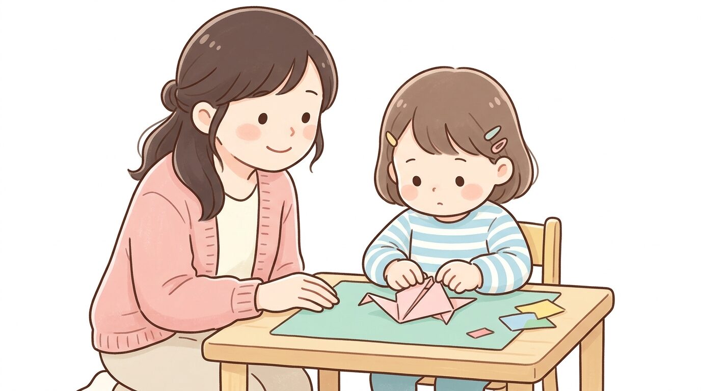 折り紙をやり直そうとする3歳児の手元と、それを見守る優しい表情の親
