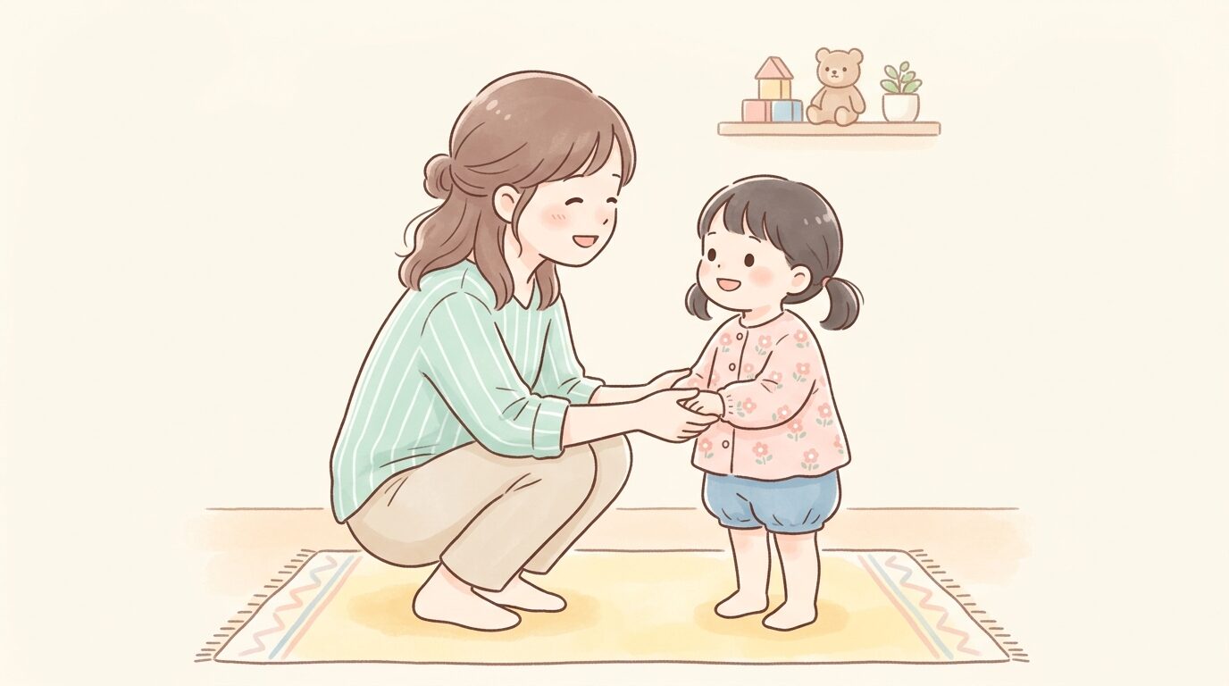 子どもの目線に合わせてしゃがみ、笑顔で話しかける親の温かいシーン