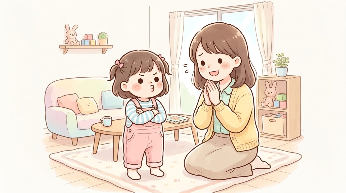 リビングで腕組みをして口を尖らせている3歳くらいの子どもと、困りながらも優しく見守る母親