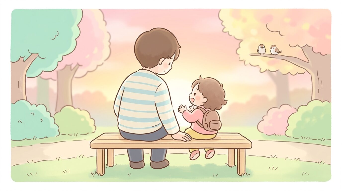 公園のベンチで並んで座り、子どもの話に耳を傾ける父親の後ろ姿、夕方の柔らかい光